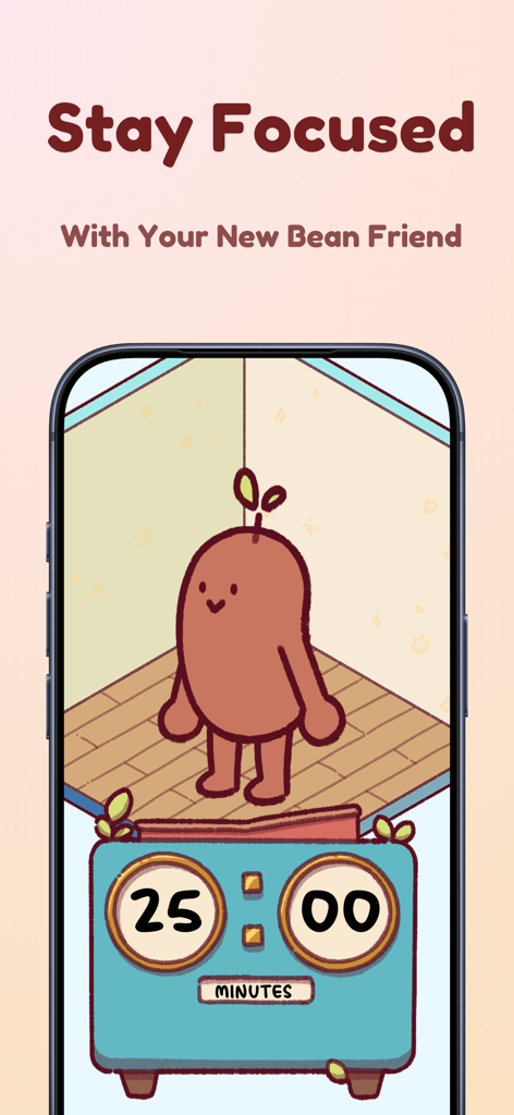Focus Friend app interface featuring a cute bean character and a 25 minute pomodoro timer