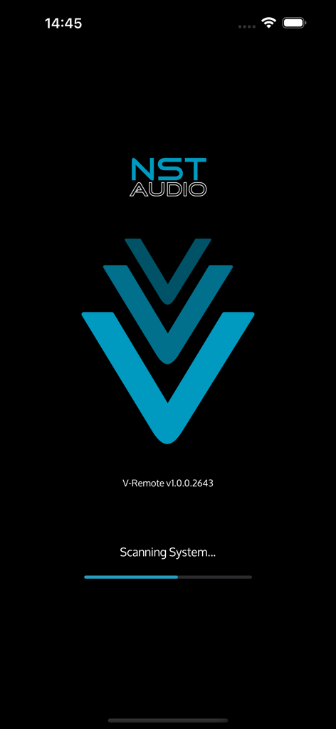 V-Remote - NST Audio V-Remote app startup screen showing a system scan in progress