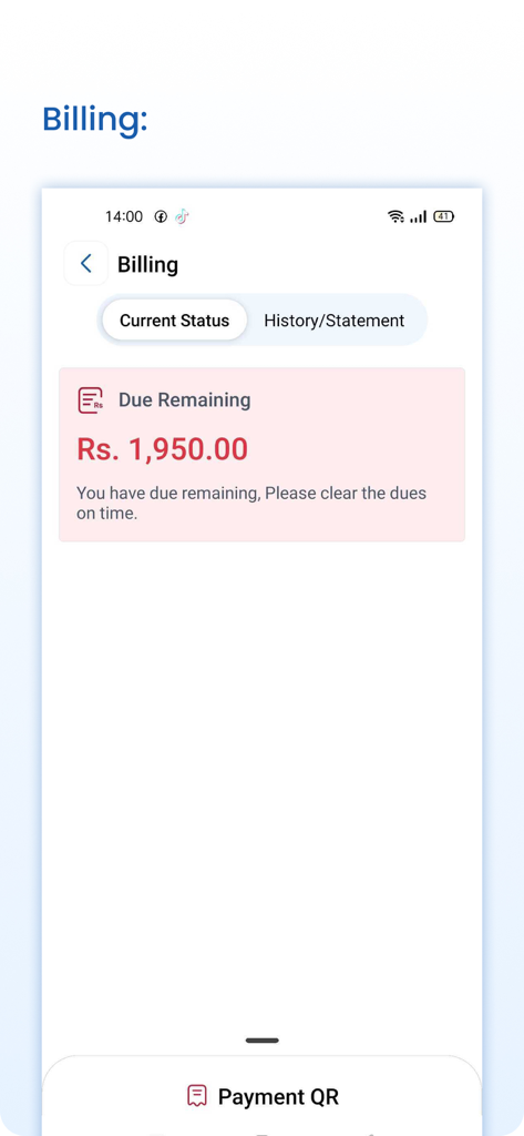 Smart School Nepal - Interfaz de la aplicación Smart School Nepal que muestra la sección de facturación con un saldo restante de 1950 rupias y una opción de pago QR.