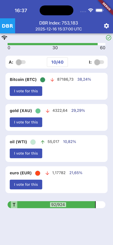 DBR Index app interface showing decentralized voting options for Bitcoin gold oil and euro exchange rates