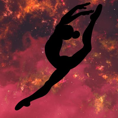 gymnast doing a leap in a leotard with a bent back leg