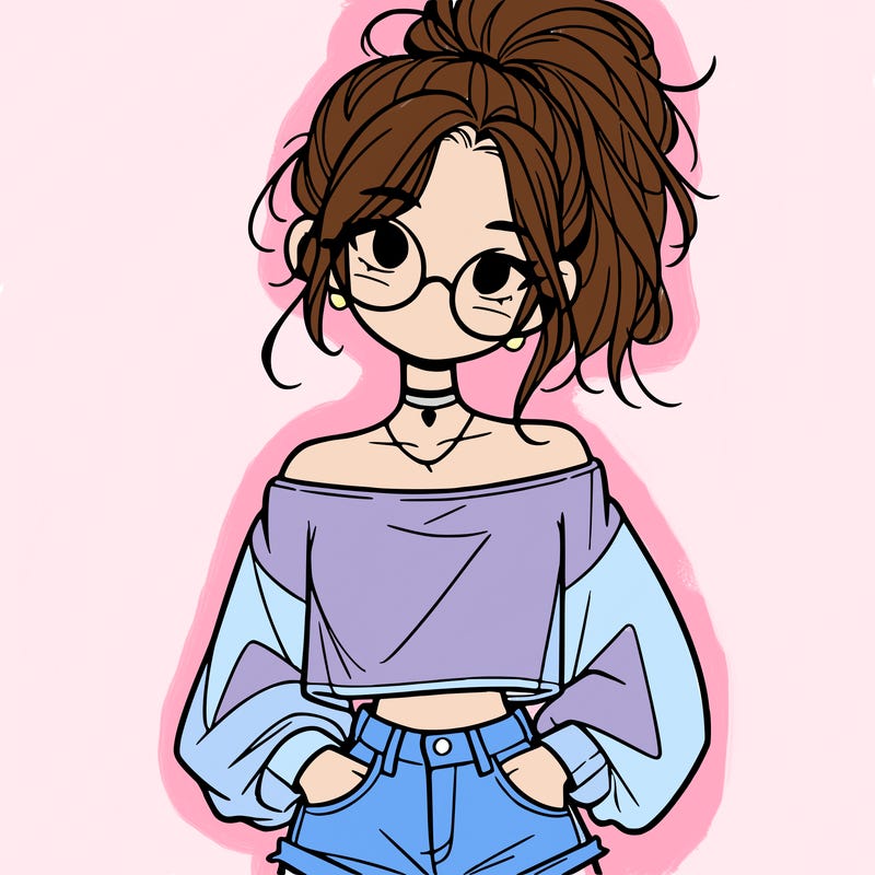 girl with a messy ponytail glasses a baggy crop top and jean shorts