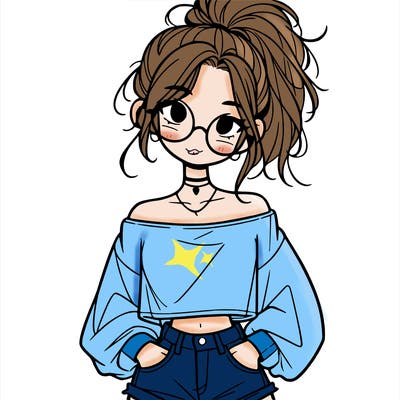 girl with a messy ponytail glasses a baggy crop top and jean shorts