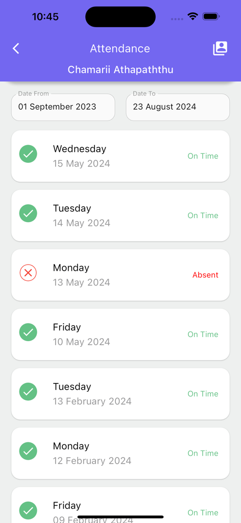 Zeta Plus Parent - Zeta Plus Parentアプリ。時間通りと欠席のステータス記録を含む生徒の出欠ログを表示しています。