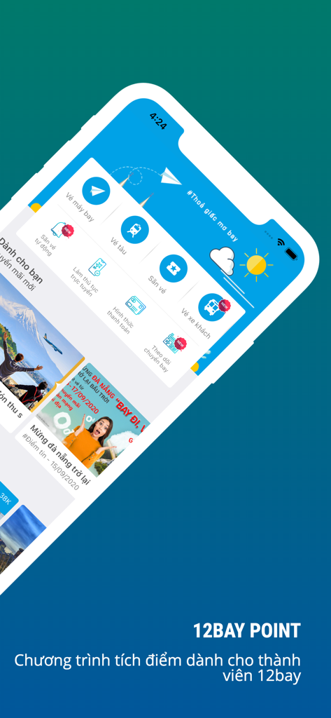 Săn Vé Máy Bay Giá Rẻ 12Bay.vn - ベトナムでの航空券、鉄道、バスチケットの予約オプションを表示する12Bayモバイルアプリのホーム画面