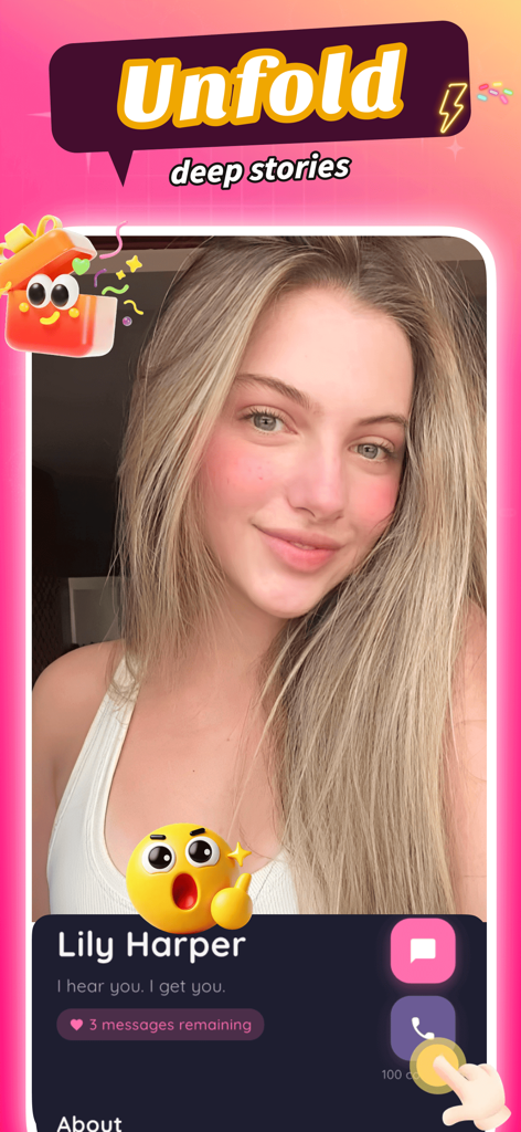 Interfaz de la aplicación Anyou que muestra el perfil de un personaje de IA para Lily Harper con opciones de chat y llamada