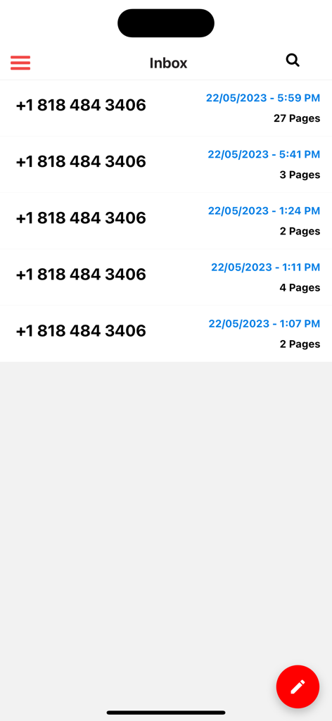 Tela de entrada do aplicativo eFax Corporate mostrando uma lista de faxes recebidos com números de telefone do remetente e contagens de páginas