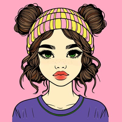 realistic girl with buns in her hair with a beanie on
