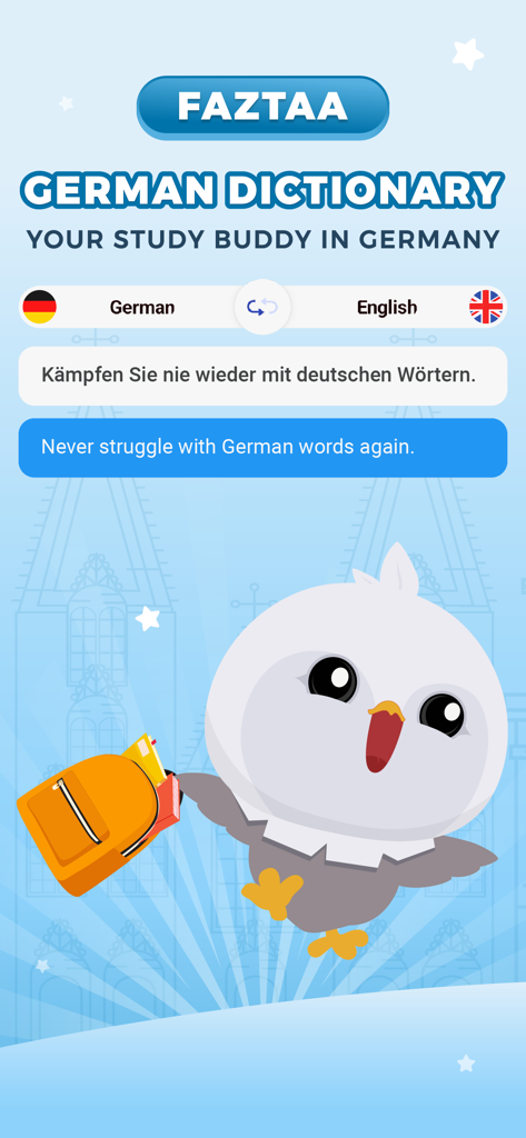 Interface do aplicativo Dicionário Alemão Faztaa mostrando tradução de alemão para inglês com um mascote de coruja