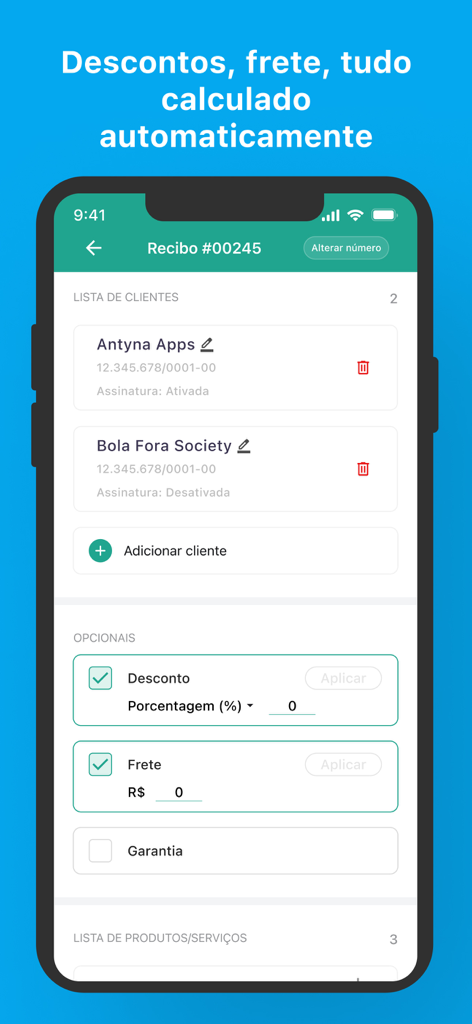 顧客選択と自動割引・配送料金計算で請求書を作成するためのモバイルアプリインターフェイス