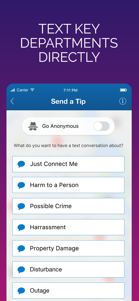Rave Guardian - Pantalla que muestra opciones para enviar un consejo de texto anónimo a los departamentos de seguridad en la aplicación Rave Guardian