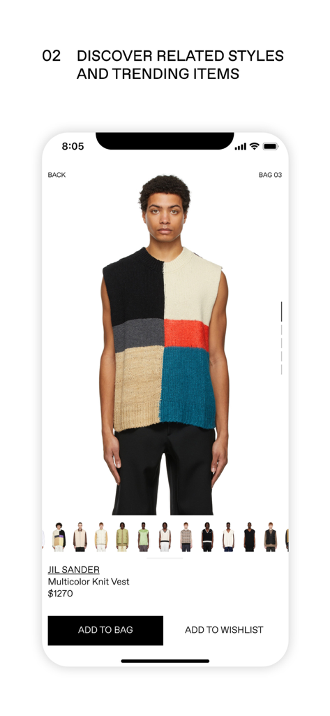 A product page in the SSENSE app featuring a Jil Sander knit vest and related style suggestions