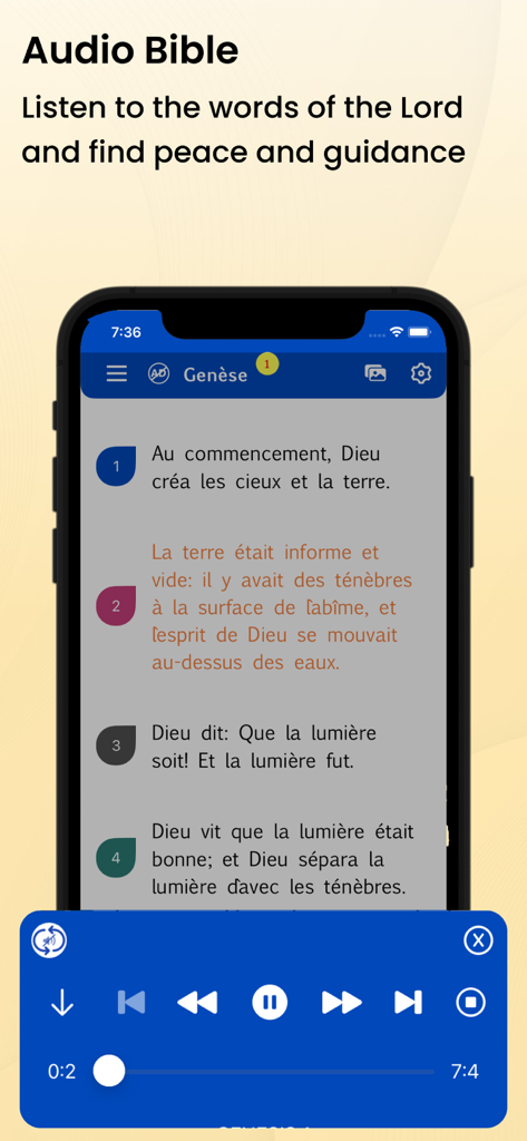 French Bible - La Bible - Smartphone screen showing the audio bible feature in French with verses from Genesis 1.