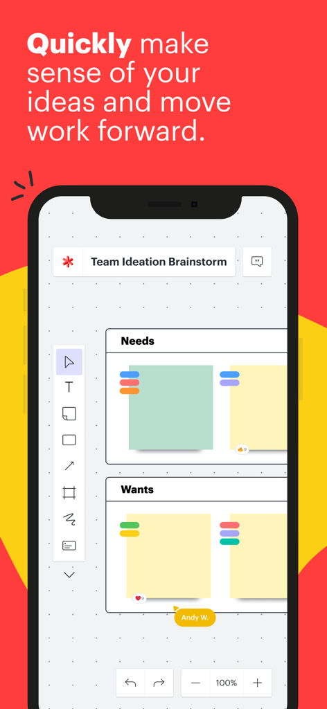 Lucidspark mobile app interface showing a digital whiteboard with color-coded sticky notes for team ideation.