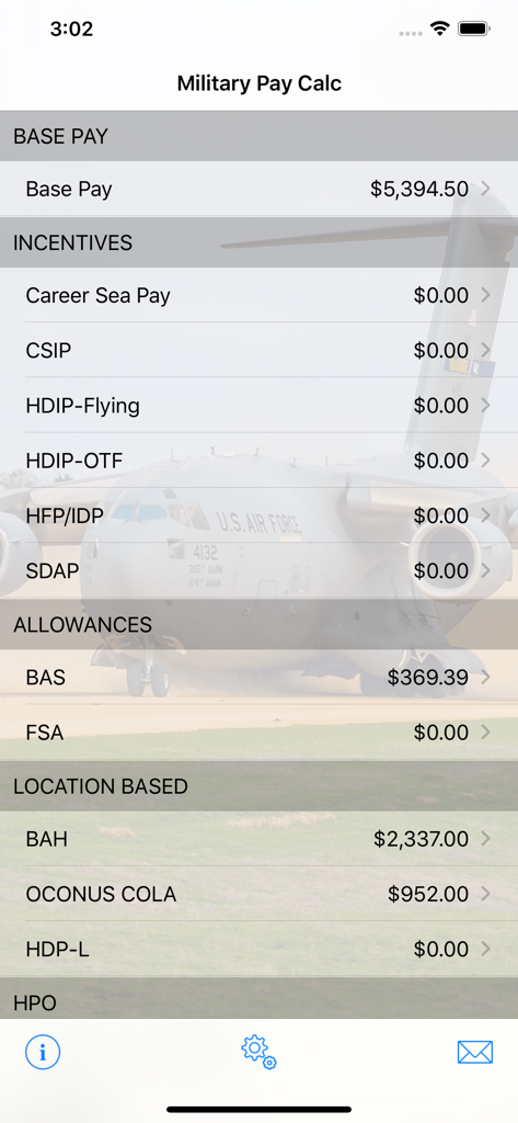 Interface of the Military Pay Calc app displaying base pay, incentives, and allowances for US service members