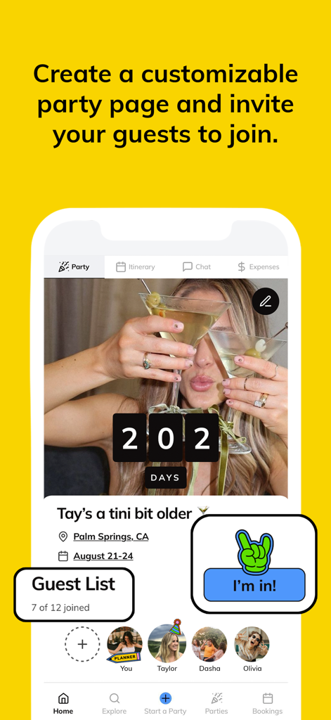 A customizable party page in the Batch app showing event details, a countdown, and a guest list for a group trip.