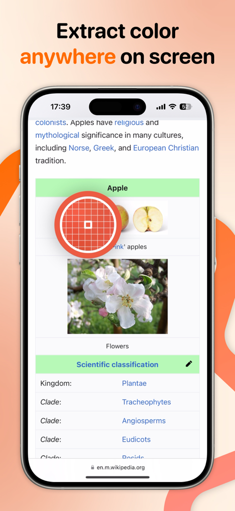 HueHouse - Color Picker - HueHouse app using an eyedropper tool to extract color from a web page on an iPhone