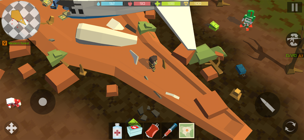 Pixel Zombie Hunter: Survival - A pixel art character explores a crashed plane area in the Western Forest of Pixel Zombie Hunter Survival.