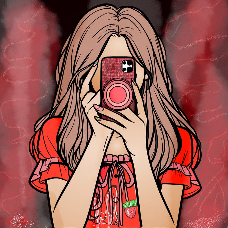 a realistic girl holding her phone taking pictures
