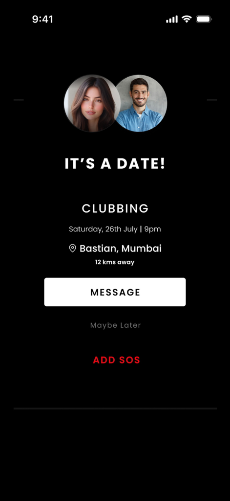Interface do aplicativo NO NAMES exibindo uma data de balada confirmada com perfis de usuário e detalhes de localização.