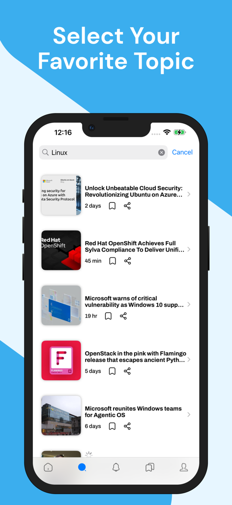 Cloud & Big Data News - Una pantalla de resultados de búsqueda en la aplicación Cloud and Big Data News mostrando artículos sobre Linux y computación en la nube.