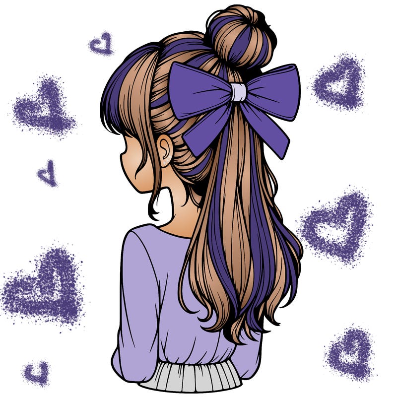 realistic girl  with hip length hair a bun and a big bow on the back of head