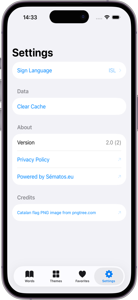 Sématos - Menu des paramètres de l'application de dictionnaire de langue des signes Sematos montrant les options de sélection de langue et de gestion des données