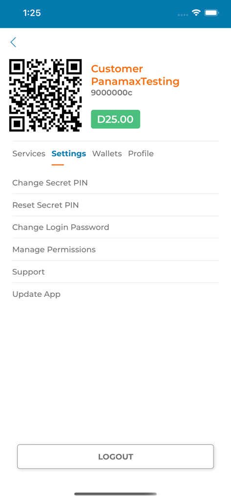 QMoney - Customer - QMoney customer app settings page showing user account QR code and security menu options