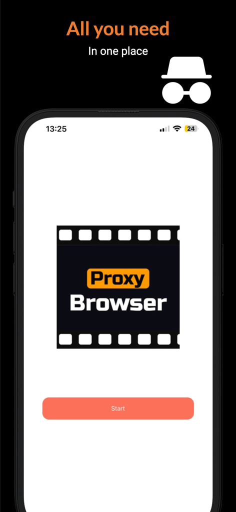 Der Startbildschirm der Proxy Browser-App mit einem Inkognito-Modus-Symbol und einer Start-Schaltfläche.