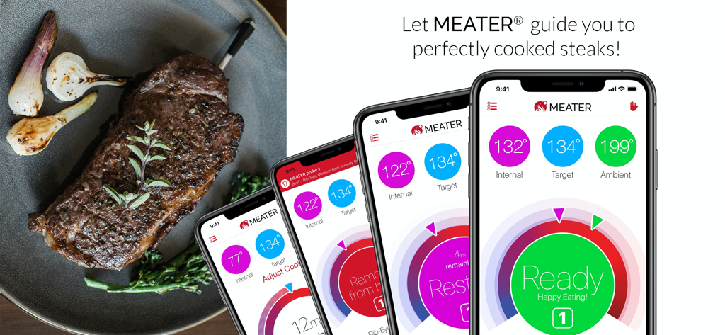 MEATER® Smart Meat Thermometer - Pantallas de la aplicación MEATER que muestran el monitoreo en tiempo real de la temperatura interna y ambiental de un filete a la parrilla