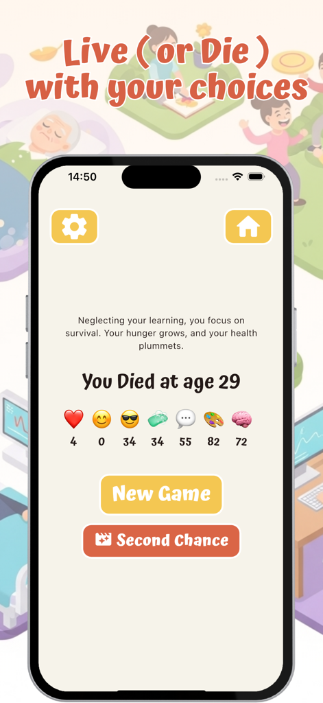 Infinite Life Simulation - Pantalla de fin de juego en Simulación de Vida Infinita que muestra a un personaje que murió a los 29 años debido a decisiones de vida.