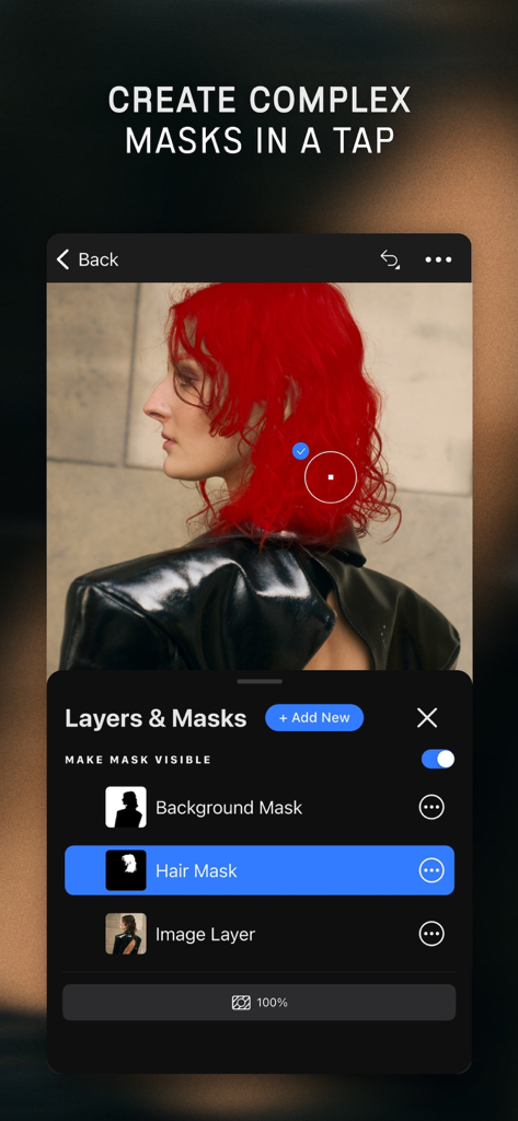Capture One - Interfaccia dell'app mobile Capture One che mostra la funzione Livelli e Maschere con una maschera per capelli rossi applicata a un ritratto