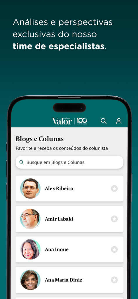 Valor Economico app interface showing a list of expert columnists and blogs