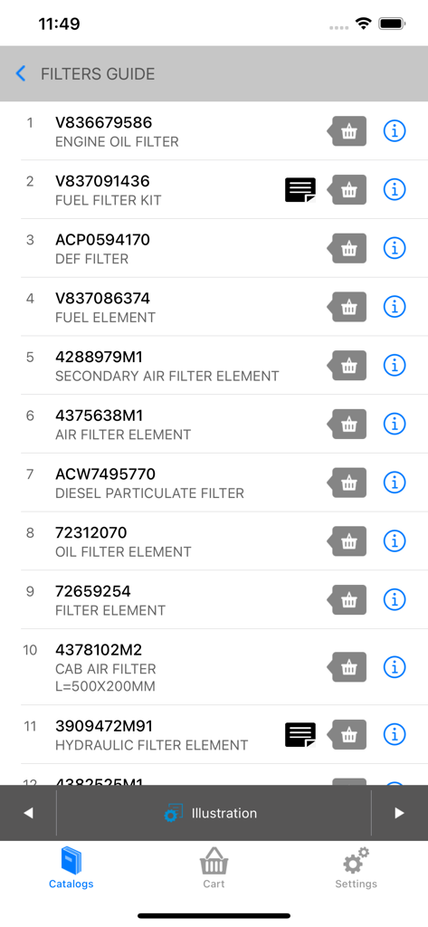 A list of engine and air filters with part numbers in the AGCO Parts Books To Go app.