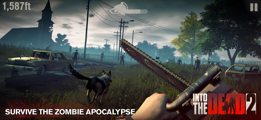 First person gameplay of Into the Dead 2 featuring a player holding a chainsaw with a dog companion running through a zombie apocalypse.