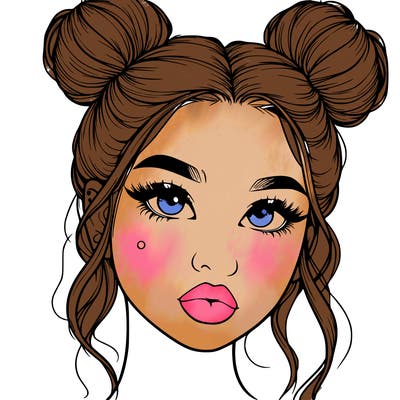 realistic girl with two buns on her hair and lips