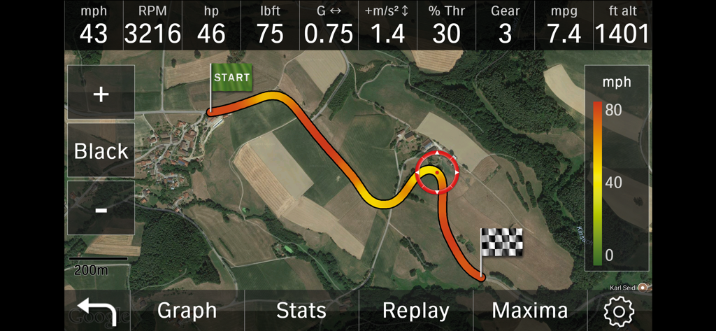 M Performance Drive Analyser - Satellite GPS track map showing driving path with real-time telemetry data like speed and engine RPM
