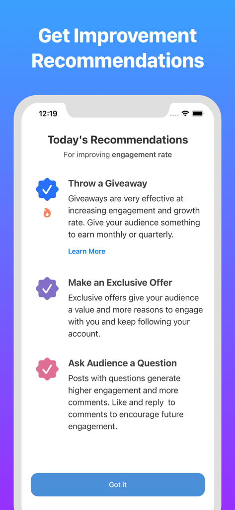 Interface of InsTrack app showing personalized growth recommendations to improve Instagram engagement rate