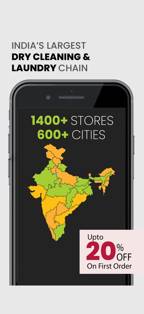 Tumbledry Dry Clean & Laundry - Capture d'écran de l'application Tumbledry montrant plus de 1400 magasins dans 600 villes d'Inde avec une offre de réduction de 20 %
