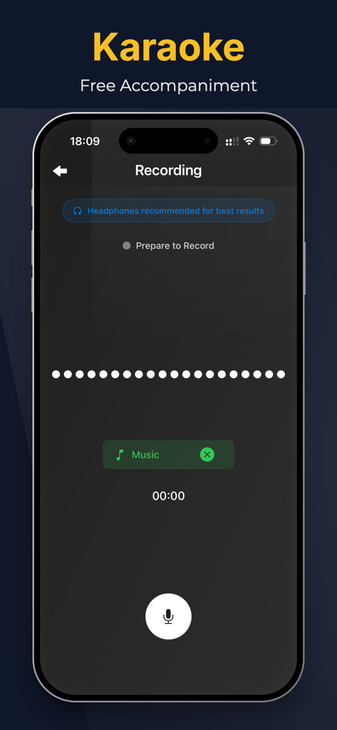 Interface d'application mobile montrant la fonctionnalité d'enregistrement de karaoké avec des options d'accompagnement gratuites