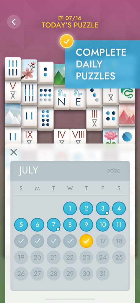 Tela do jogo Mahjong mostrando o calendário de quebra-cabeças diários e o tabuleiro de correspondência de peças.