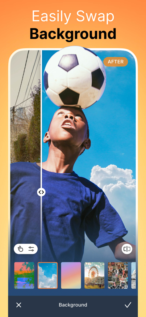 파란 하늘 배경에서 축구공을 드리블하는 소년의 배경 교체 기능 전후 비교