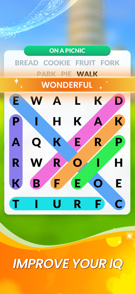 Word Search Trip - A colorful mobile word search puzzle with highlighted words and a picnic theme under the text Improve Your IQ