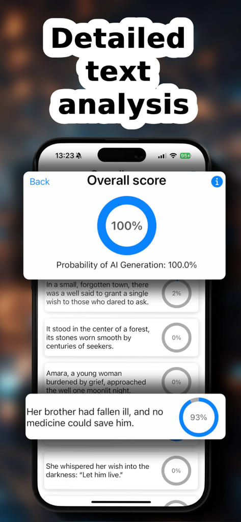 AI Checker mobile app showing overall score and detailed sentence analysis results