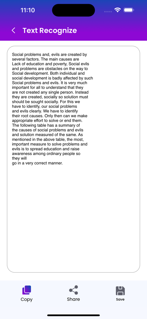 Image to Text Scanner OCR Scan - Una pantalla de aplicación móvil que muestra texto digitalizado con opciones para copiar, compartir y guardar en la parte inferior.