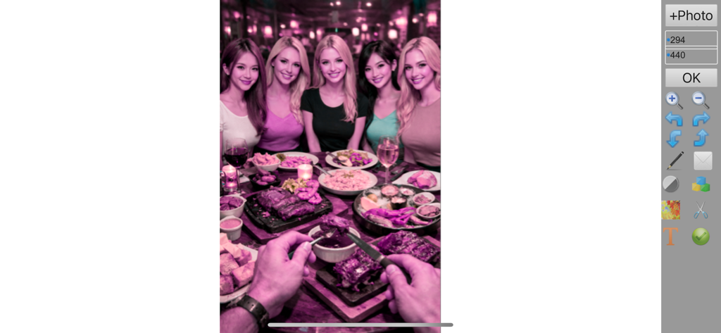 PhotosFactory - Oberfläche der PhotosFactory-App, die Foto- und Annotationswerkzeuge mit einem magentafarbenen Filter auf einem Gruppenfoto zeigt