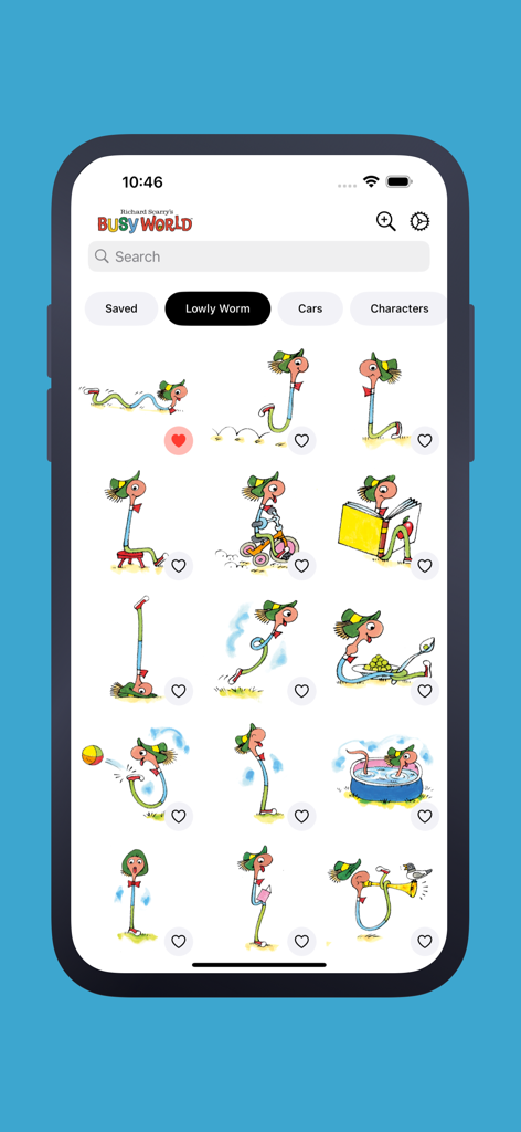 Richard Scarry Stickers - Interface of the Richard Scarry Stickers app showing a collection of Lowly Worm stickers in various activities
