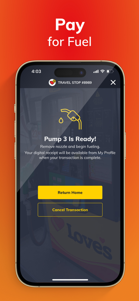 Pantalla de pago móvil de la aplicación Loves Connect mostrando que la bomba 3 está lista para repostar.