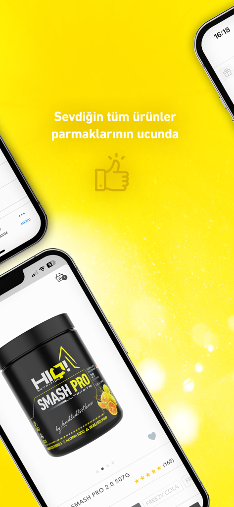 HIQ Nutrition Supplement - HIQ Nutrition mobile app screen showing a Smash Pro pre-workout supplement product page on a bright yellow background