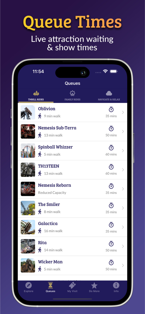 Interface do aplicativo Alton Towers mostrando tempos de espera e caminhada em tempo real para atrações emocionantes